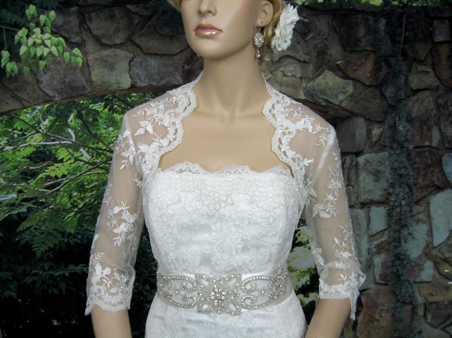 Hochzeit - Ivory 3/4 sleeve wedding bridal bolero jacket - embroidered lace