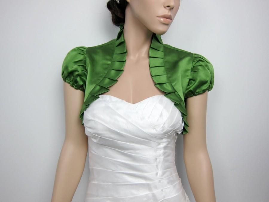 Mariage - Moss Green short sleeve satin wedding bolero jacket shrug
