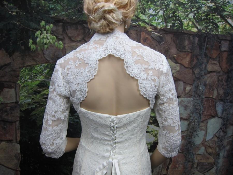 زفاف - Sale -Ivory 3/4 sleeve lace bolero wedding jacket with keyhole back - was 129.99