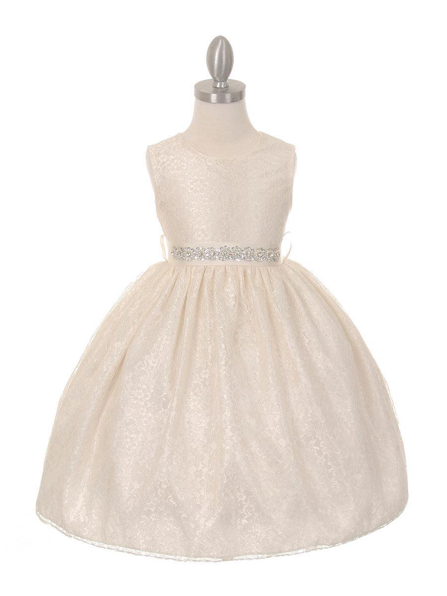 Mariage - Solid Lace Flower Girl Dress With Removable Rhinestone Belt