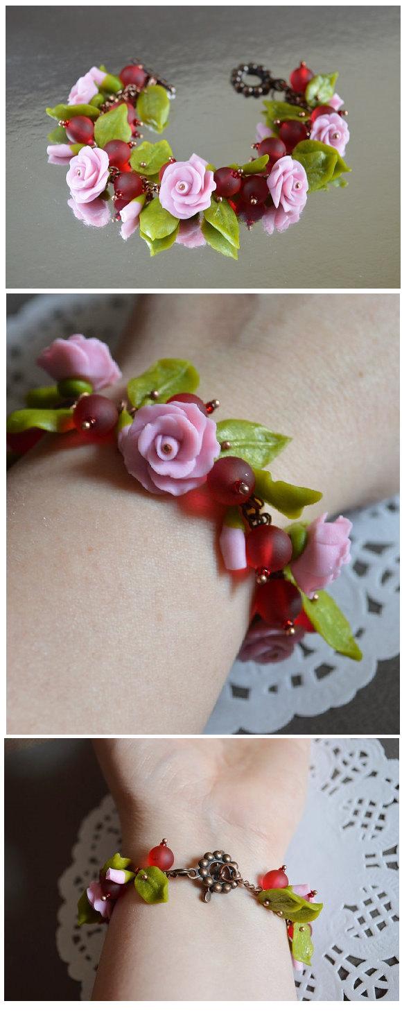 Mariage - Pink rose Bracelet handmade Jewelry polymer clay flower bracelet  gift idea for her Fairy bracelet Polymer clay