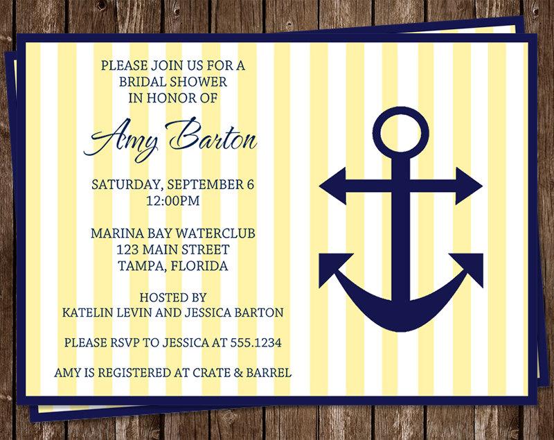 Wedding - Bridal Shower Invitations, Nautical, Yellow, Navy, Wedding, Set of 10 Printed Cards, FREE Shipping, AILYN, Anchored in Love Yellow and Navy
