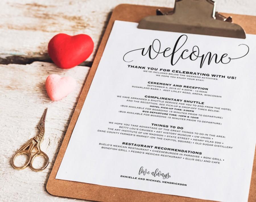Wedding - Wedding Itinerary, Welcome Bag, Printable Itinerary, Welcome Letter, Wedding Favor, Wedding Printable, PDF Instant Download 