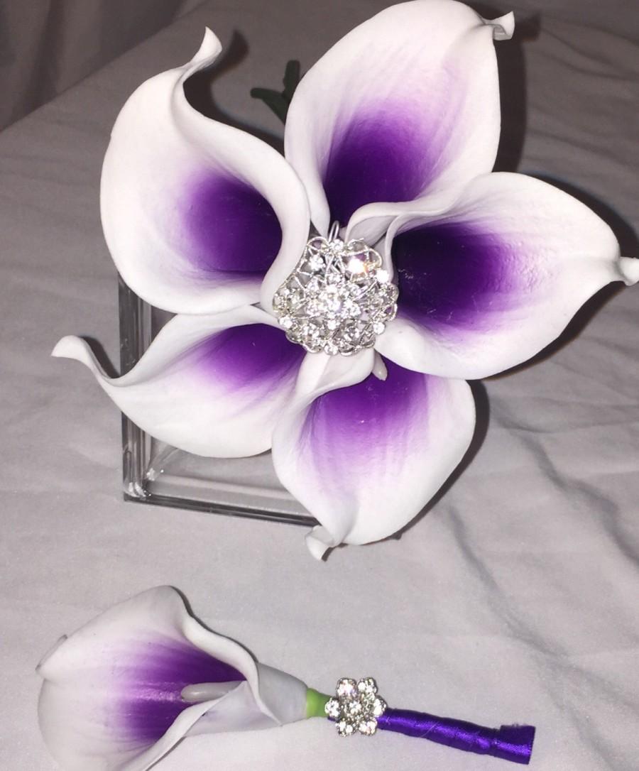 Hochzeit - Real Touch purple Picasso Calla LilliY BOUQUET