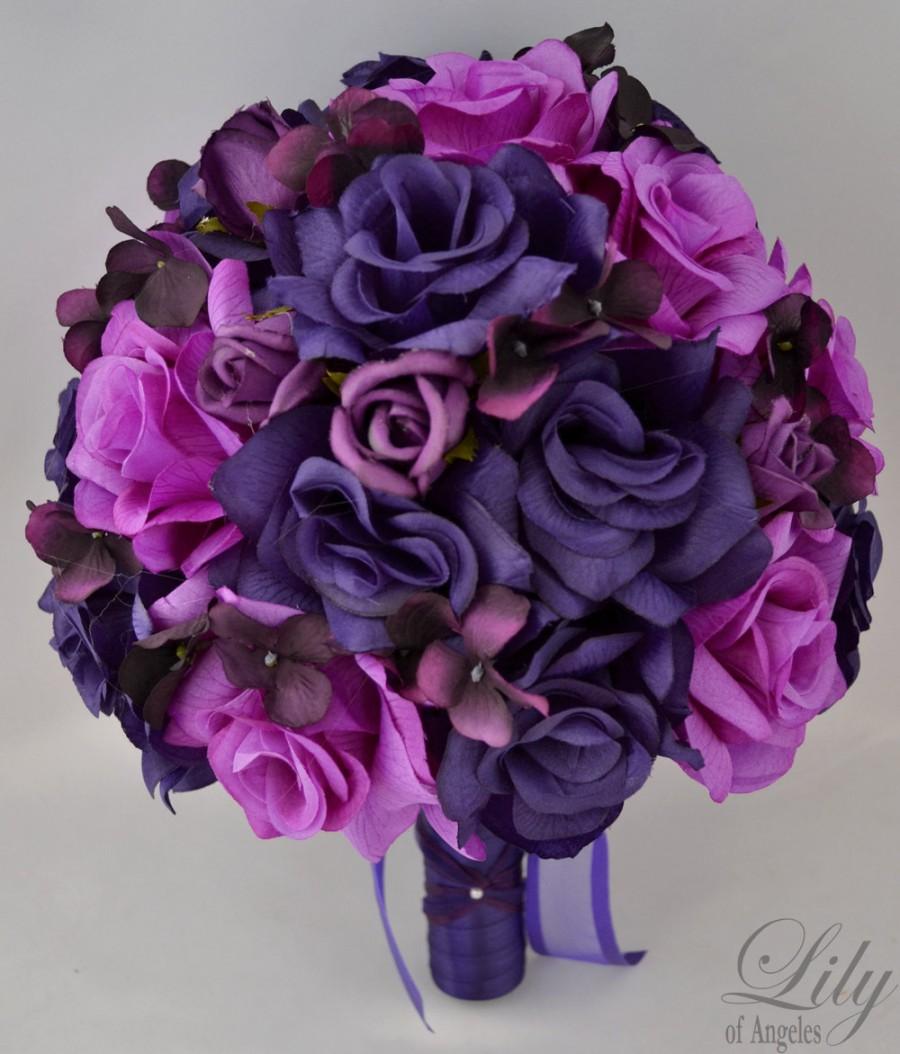 Свадьба - 17 Piece Package Wedding Bridal Bride Maid Of Honor Bridesmaid Bouquet Boutonniere Corsage Silk Flower PURPLE BEAUTY "Lily Of Angeles"FUPU01