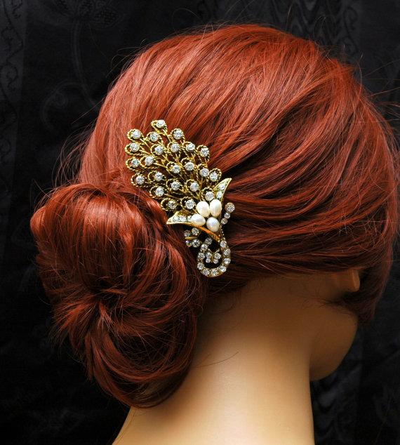 Mariage - Pearl Bridal Headpiece, Wedding Hair Comb, Crystal Hair Comb, Vintage Gold Hair Piece, Wedding Accessories, Hair Jewelry
