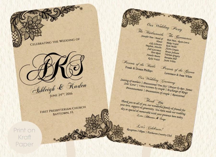 زفاف - Wedding Fan Program Template Lace Kraft Rustic Style Print on Kraft or Colored Paper Vintage DIY - Instant Download - Suggested Free Fonts