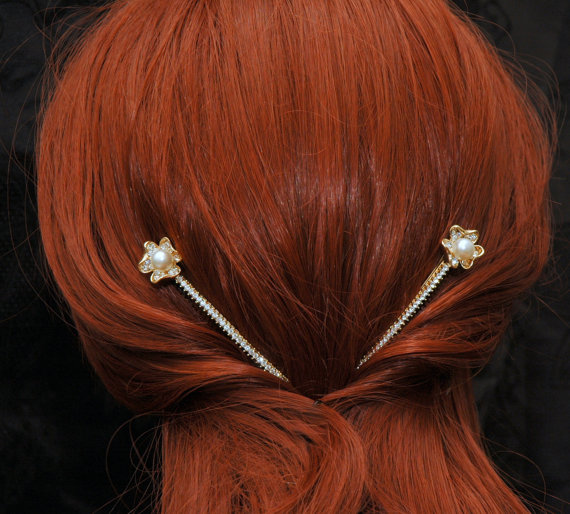 Hochzeit - Pearl Wedding Hair Pins, Bridal Pearl Hair Pin, Gold Hair Pin, Crystal Hair Pins, Wedding Bobby Pins, Rhinestone Hair Pins
