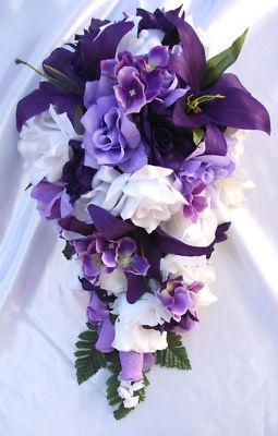 Wedding - 10pcs Bridal Bouquet Wedding Flower Package PURPLE LAVENDER LILY Bride Cascade