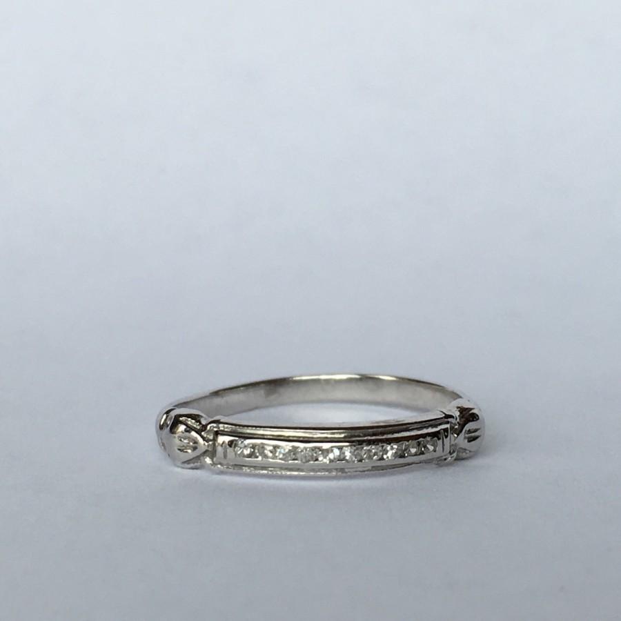 Wedding - Vintage Diamond Wedding Band. 18K White Gold. April Birthstone. 10th Anniversary Gift. Estate Jewelry. Diamond Stacking Ring. Gold Band.