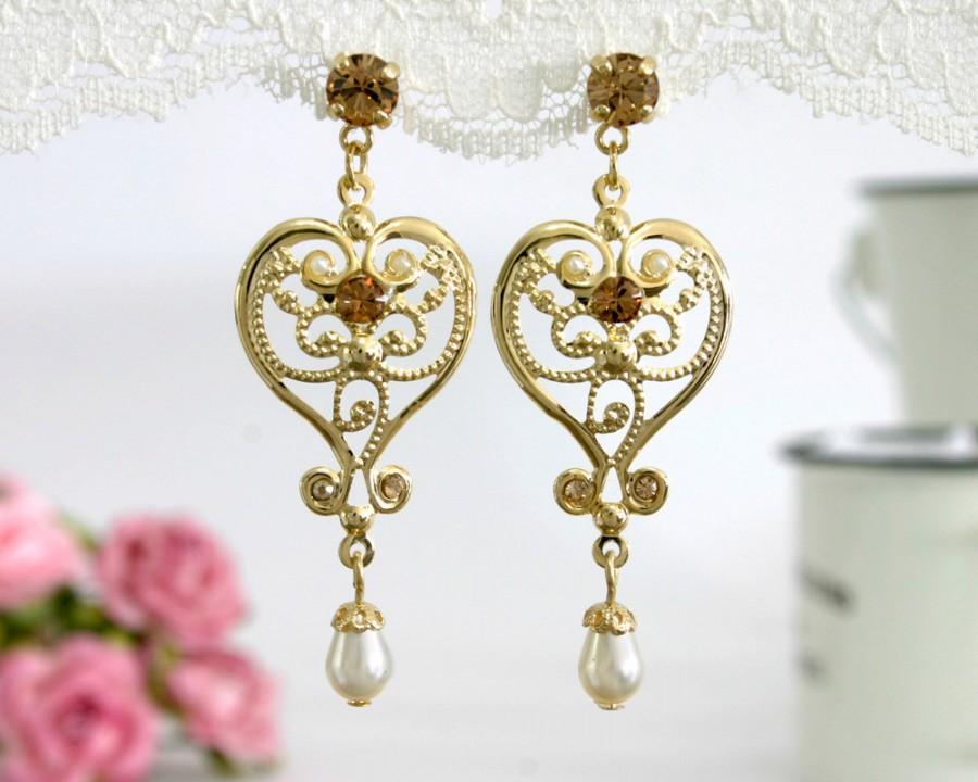 Свадьба - Chandelier Bridal Earrings, Crystal Bridal Earrings, Gold Bridal Earrings, Chandelier Wedding Earrings, Heart earrings