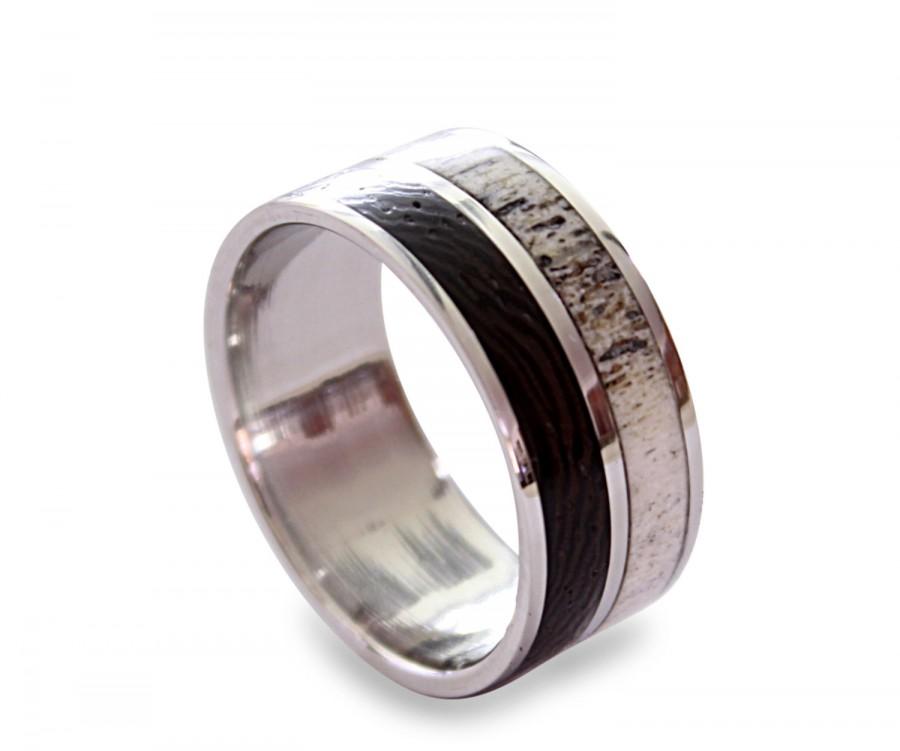 زفاف - Men's titanium ring with wenge wood and deer antler inlay