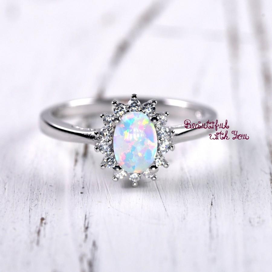 Hochzeit - Unique Engagement Ring, Womens Promise Rings, White Lab Created Opal Ring, with Clear CZ, Art Deco Victorian Everyday Jewelry Ring Gift