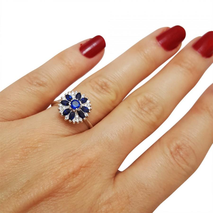 زفاف - Unique Engagement Ring, Sapphire Engagement Ring, Vintage, Art Nouveau Ring, Sapphire Flower Ring, Birthstone Ring, Fast Free Shipping