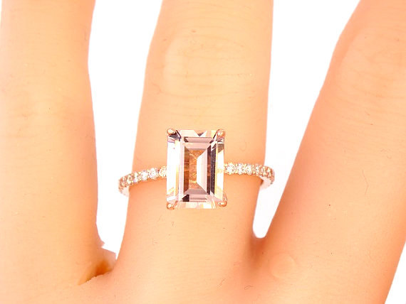 زفاف - 14K Rose Gold Emerald Cut Morganite and Diamond Engagement Ring Wedding Ring Anniversary Ring Promise Ring Solitaire Ring Yellow Gold White