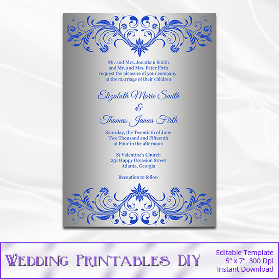 Hochzeit - Royal Blue and Silver Wedding Invitation Template, Diy Silver Foil Shower Invites Printable, Editable Text, Instant Download Pdf Word P113