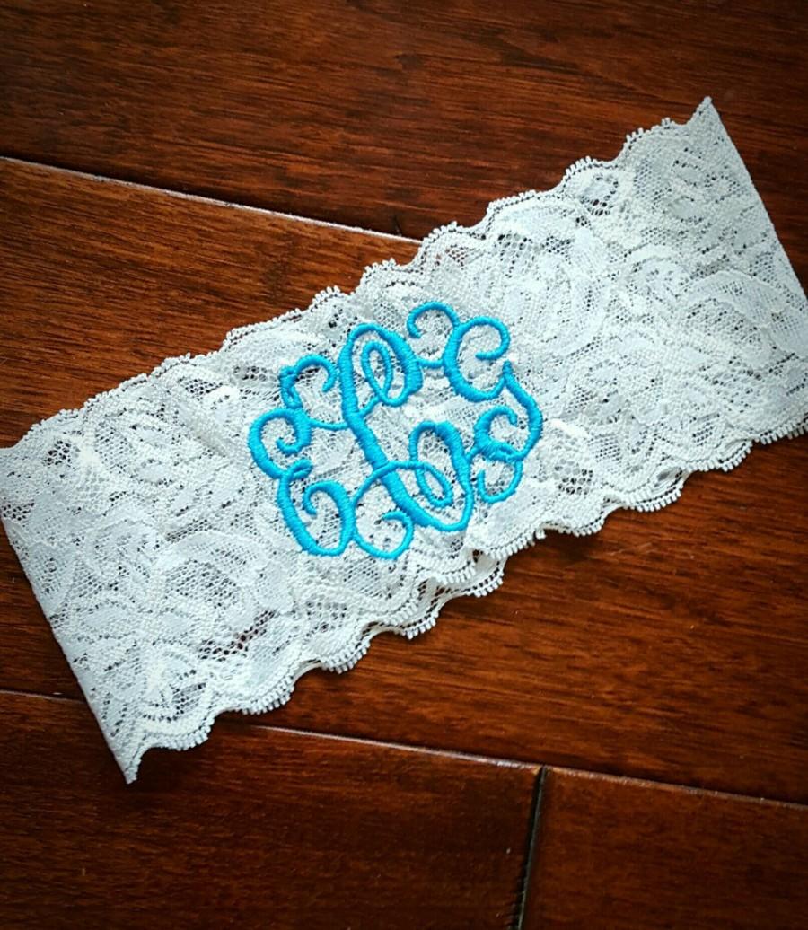 Mariage - Monogrammed lace garter. Monogram bridal belt stretch floral lace garter, perfect for Wedding day, prom, homecoming, something blue.