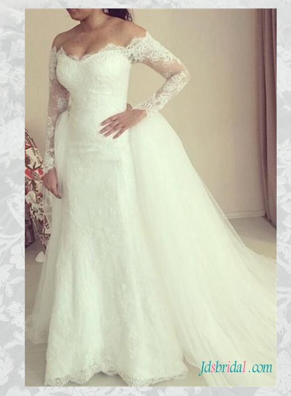 Wedding - H1567 Glamour off shoulder long sleeved two pieces lace wedding dress