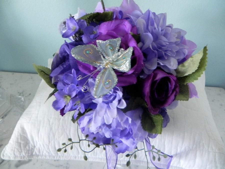 Wedding - A  Silk  Wedding  Bridal Bouquet  Boutonniere  Lavender Purple  Roses, Dahlias and Violets , Greenery, Butterfly 2 Pieces  BB#110