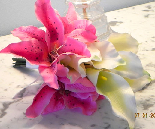 Hochzeit - Wedding Bridal Bouquet 2 Pieces Silk Calla Lilies Pink  Stargazer Lilies  White Boutonniere Elegant keepsake Traditional BB#101