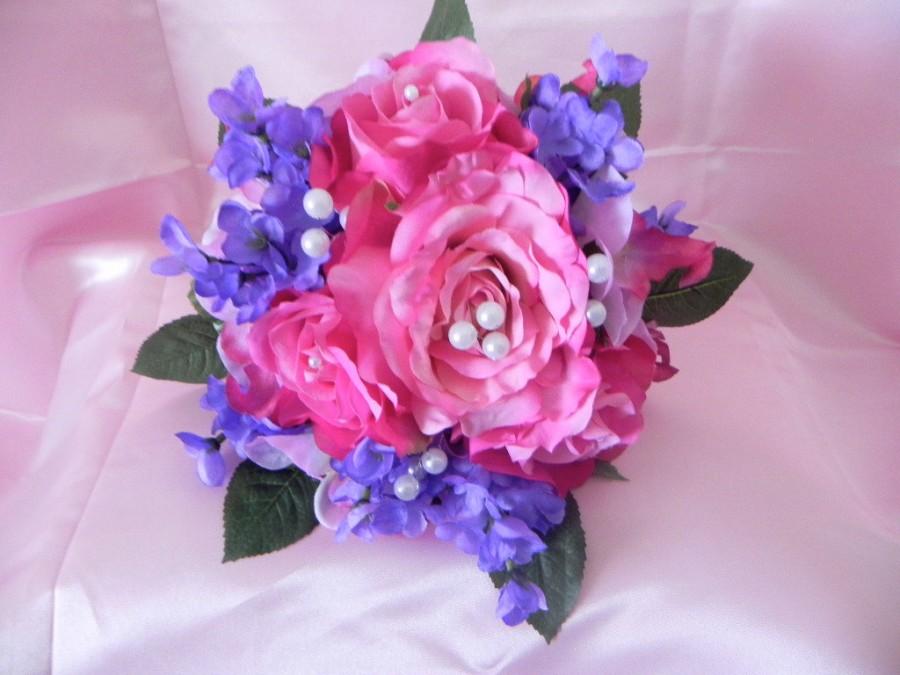 Свадьба - Wedding Bridal Bouquet Package Pink Open Roses Lilacs Orchids  Pearls Boutonniere  BB#125