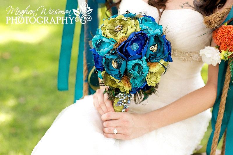 زفاف - Handmade Teal, Aqua, Cobalt and Green Peacock Fabric Flower Wedding Bouquet Package - Brooch Bouquet -Custom Order