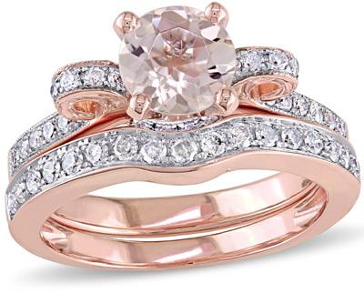 Wedding - 6.0mm Morganite and 1/2 CT. T.W. Diamond Vintage-Style Bow Bridal Set in 14K Rose Gold