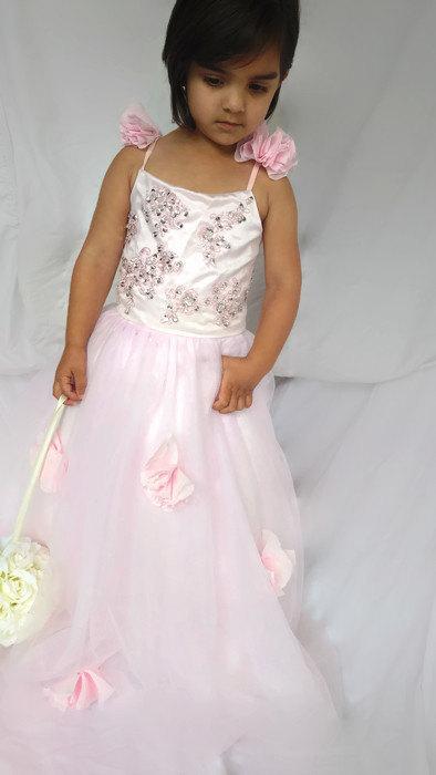 Hochzeit - Elegant Flower Girl Christening Baptism Special Occasion Lace Dress Blush Pink Ivory White  Customized your Color  Scheme Floor Length