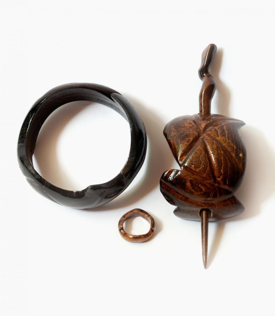 Свадьба - Wooden bracelet bangle hair barrette clip pin stick ring jewelry set unique womens girlfriend wife birthday gift present idea for her Boho