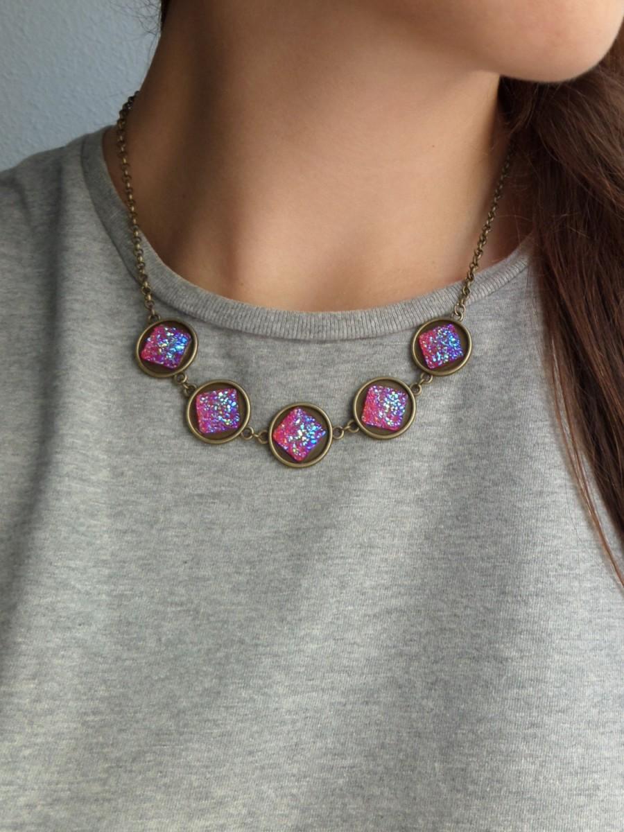 زفاف - Holographic Necklace Fairy Kei Necklace Sweet Lolita Glitter Necklace Faux Druzy Necklace Sparkly Jewelry Resin Druzy Necklace for Teen Girl