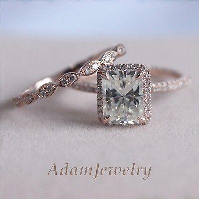 Mariage - Moissanite Wedding Ring Set In 6x8mm Emerald Cut Solid 14k Rose Gold Engagement