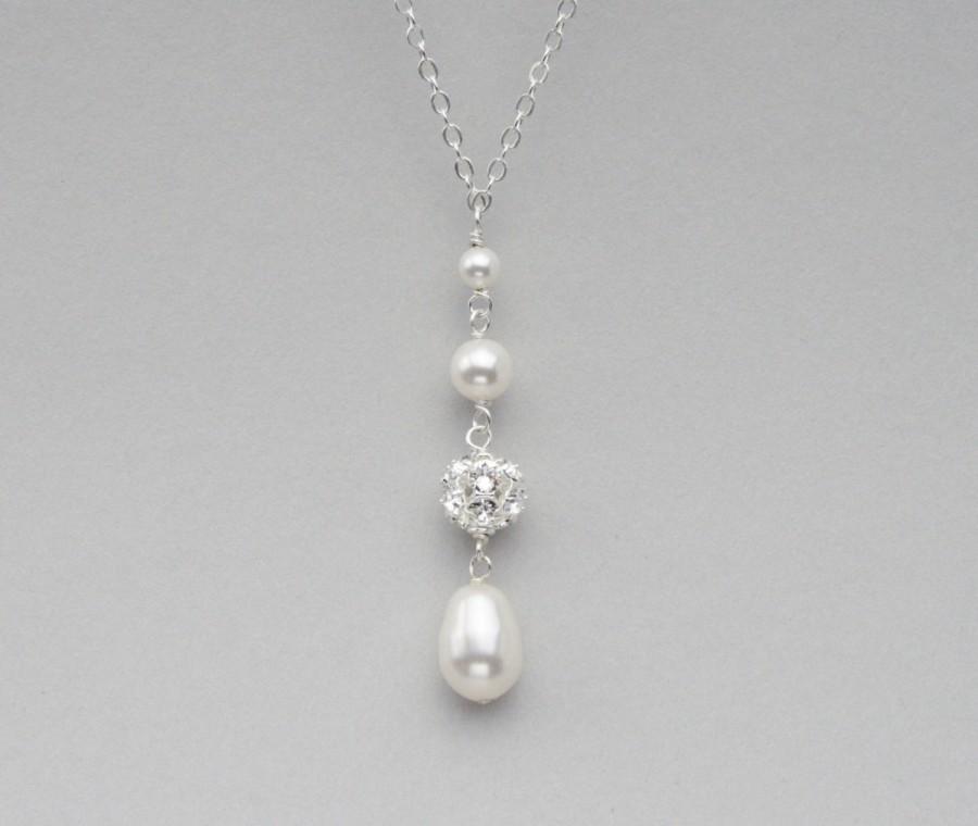 Hochzeit - Teardrop Pearl Necklace, Pearl Bridal Jewelry, Pearl and Rhinestone Pendant, Wedding Jewelry for the Bride, White or Ivory Pearls