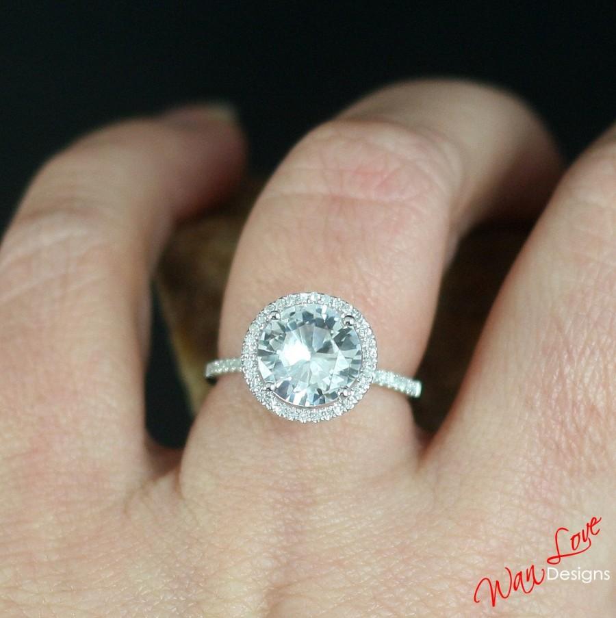 Mariage - White Sapphire Diamond Halo Engagement Ring Round 3 ct 9mm 14k 18k White Yellow Rose Gold-Platinum-Custom made size-Wedding-Anniversary 10k