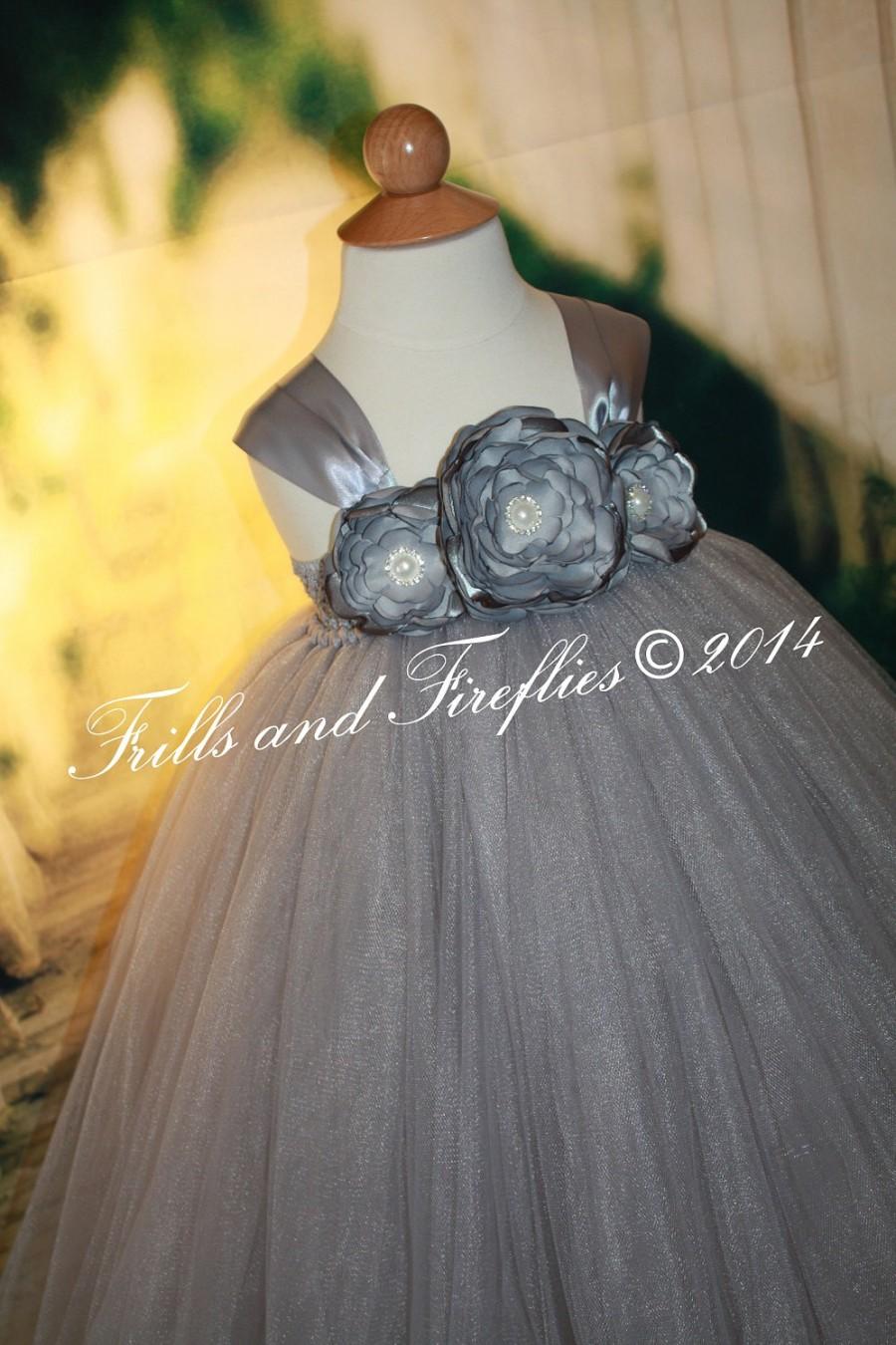Hochzeit - Silver Gray/grey Flower girl Dress with Satin Flowers and Gray Satin Ribbon Shoulder Straps, Weddings, Birthdays 1t,2t,3t,4t,5t, 6, 8, 10