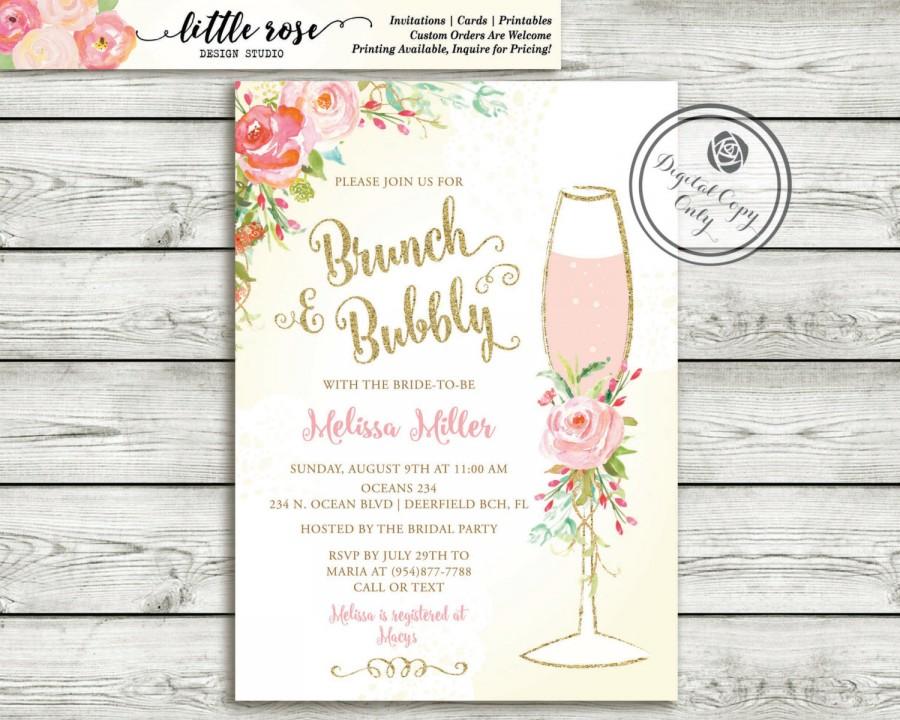 Wedding - Brunch and Bubbly Bridal Shower Invitation - Brunch Invite - Wedding Shower - Hand Painted Roses - Mimosa Invitation - Printable - LR1050