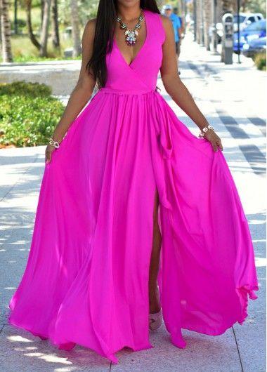 زفاف - Sleeveless Rose Slit Design Maxi Dress