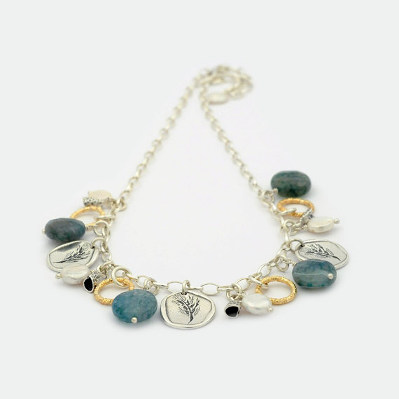 Wedding - Sterling Silver Charm Necklace, Handmade harvest coin Necklace, green agate & Pearls with Yellow Gold Filled Brushed Components