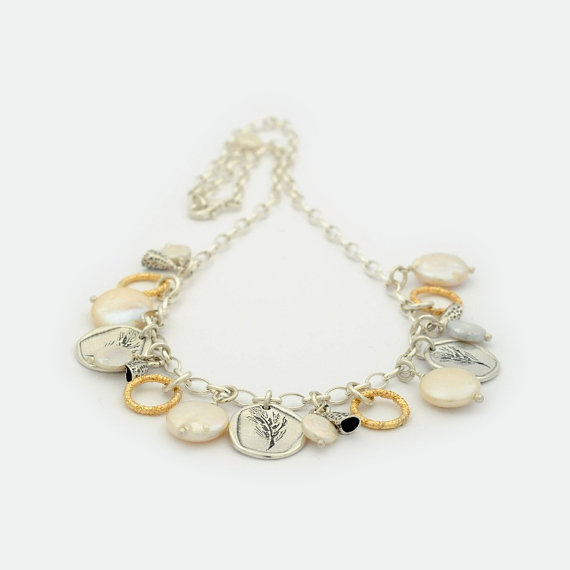زفاف - Sterling Silver Pearl charms Necklace, pearl necklace, wedding necklace, bridal necklace, statement necklaces