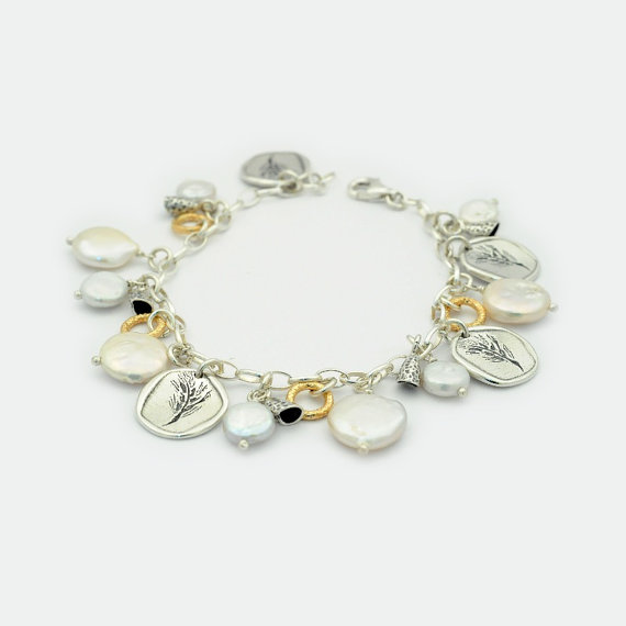 Hochzeit - Pearl Charm Bracelet, Pearl Mix Charm Bracelet, Coin Silver Charm Bracelet, Silver Coin bracelet, Coin Charm Bracelet, Gold charm bracelet