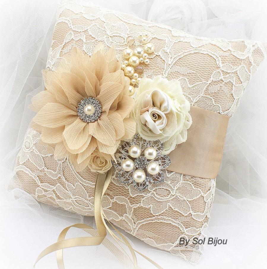 Lace Wedding Ring Pillow in Ivory Champagne Gold with Brooch and Pearls Vintage Style