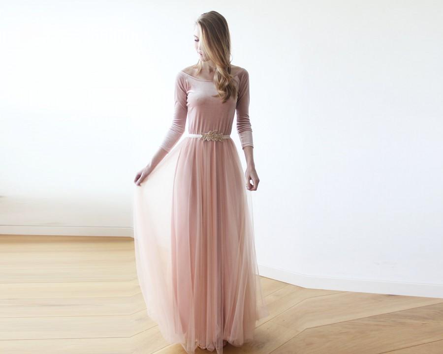 Hochzeit - Maxi blush velvet and tulle gown with long sleeves , Velvet pink bridesmaids maxi gown