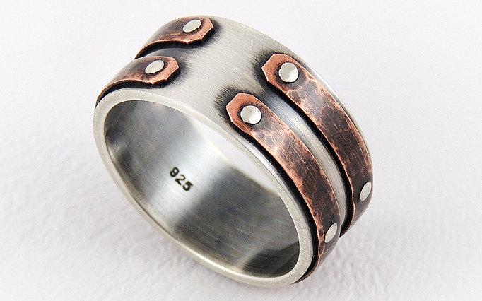 Mariage - Unique mens wedding band ring - unique engagement ring,anniversary ring,men's ring,silver and copper,rustic ring,wedding anniversary