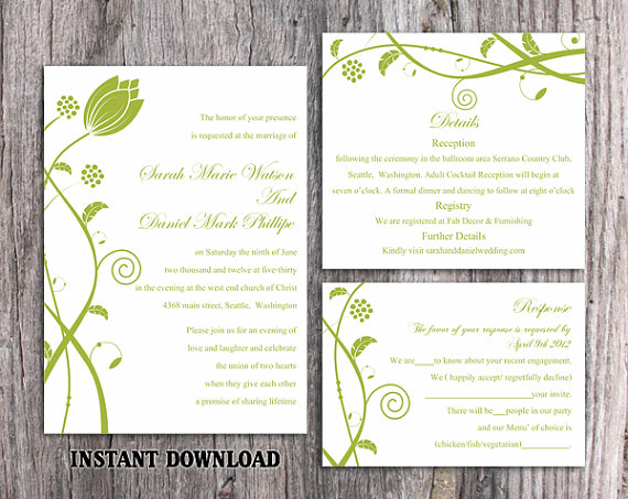 Wedding - DIY Wedding Invitation Template Set Editable Word File Instant Download Printable Invitations Green Wedding Invitations Flower Invitation