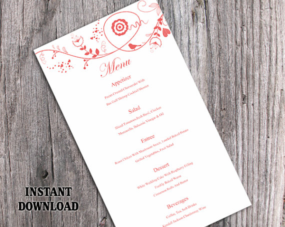 Свадьба - Wedding Menu Template DIY Menu Card Template Editable Text Word File Instant Download Red Menu Bird Floral Menu Card Printable Menu 4x7inch