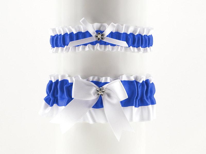 Свадьба - set bridal garter white and blue, satin garter  wedding, vintage, wedding lingerie, handmade white garter is stretching, bride garter 02D