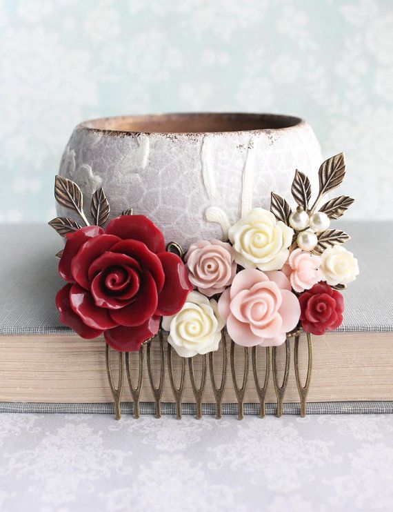 Wedding - Rose Hair Comb Vintage Style Wedding Deep Red Rose Pink Floral Collage Romantic Pearl Hair Piece Bridemaids Gifts Antique Gold Branch Comb