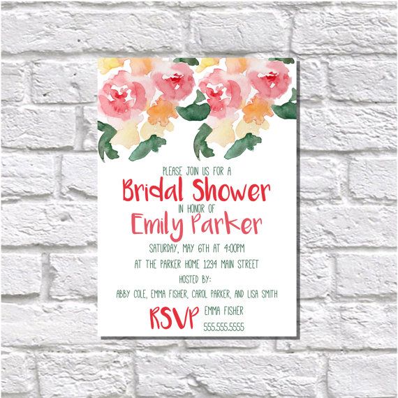 Свадьба - Printable Invitation, Floral Invitation, Pink Flowers Invite, Watercolor Fowers Bridal Shower, Digital Invitation - Digital File