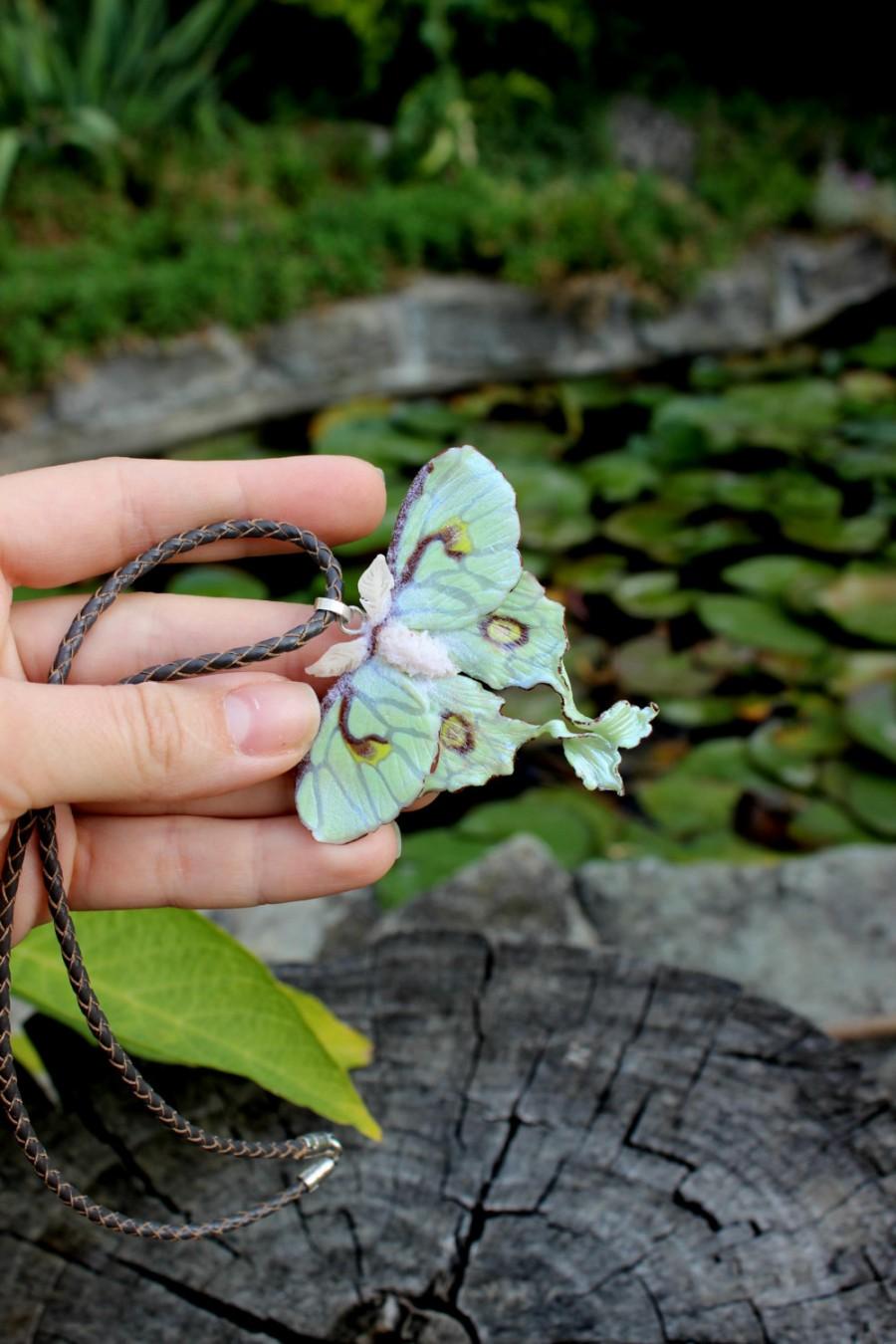 Wedding - Polymer clay necklace - jewelry - Actias luna moth pendant - butterfly boho jewelry -  lime-green jewelry