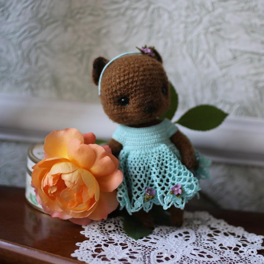 Hochzeit - Crochet dark mustard bear-girl with azure dress and hairband with tiny flowers, relax toy with turning head, OOAK 