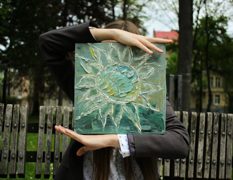 Wedding - White Sunflower, sun symbol  flower painting Modern Abstract Floral Painting,  by Olesya Hupalo on dark green background small size fine art